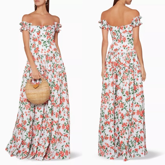 Caroline Constas Dresses & Skirts - Caroline Constas White Maxi Dress with Coral Floral Print